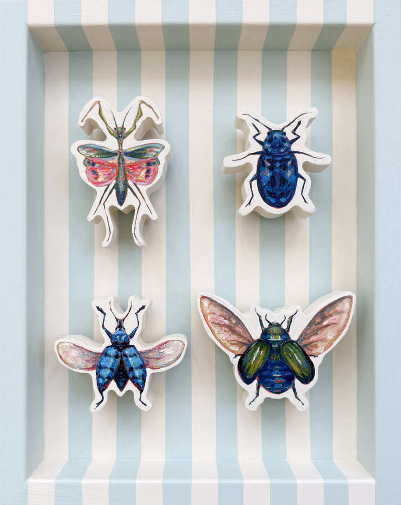 Emily Furr - Pink Umbrella Praying Mantis, Cobalt Milkweed Beetle, Blue Weevil &amp; Green Jewel Scarab