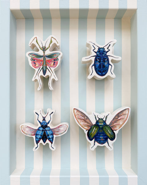 Emily Furr - Pink Umbrella Praying Mantis, Cobalt Milkweed Beetle, Blue Weevil &amp; Green Jewel Scarab