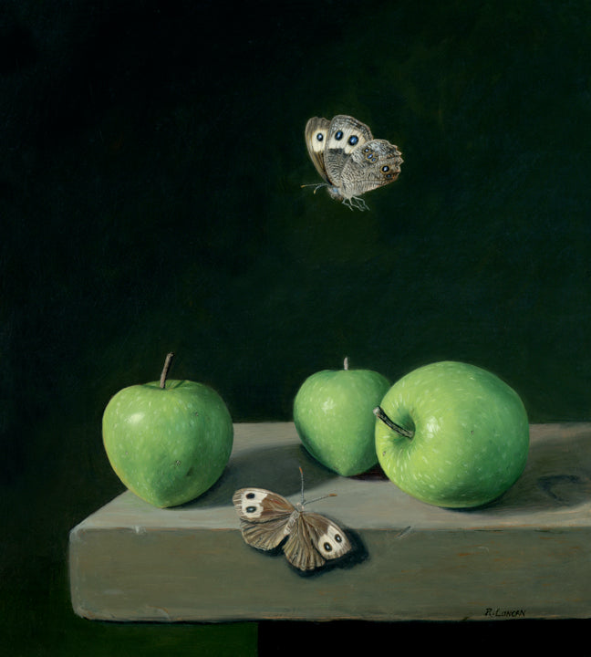 Rebecca Luncan - “Wood Nymphs and Green Apples” oil on Copper , 10" x 9"